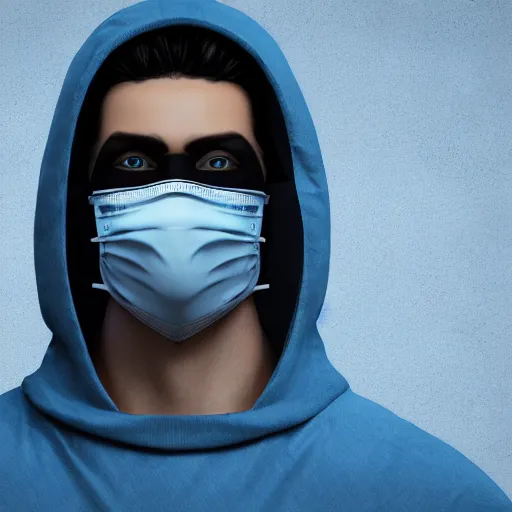 Image similar to a highly detailed, portrait of a man with black hair with a black medical mask, in a hood in the form of a blue shark with white teeth, artstation, DeviantArt, professional, octane render, digital art