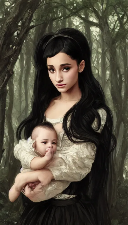 Image similar to unique cottagecore Ariana Grande holding a baby, black Hair, dark forest, intricate, elegant, highly detailed, digital painting, artstation, concept art, smooth, sharp, focus, illustration, art by artgerm and greg rutkowski and alphonse mucha