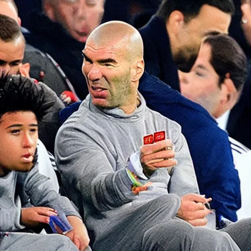 Image similar to zinedine zidane sitting on the pitch at the santiago bernabeu playing cards with a real life son goku