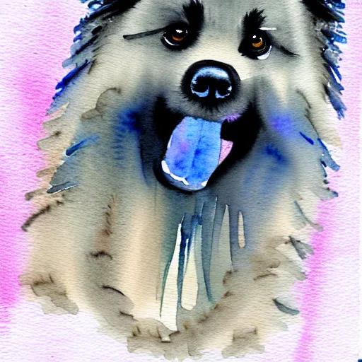 Prompt: a keeshond puppy watercolor painting by monge