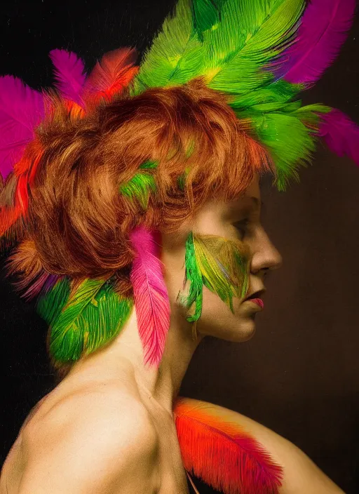 Prompt: a woman's face in profile, made of exotic colourful feathers, in the style of the Dutch masters and Gregory Crewdson, dark and moody