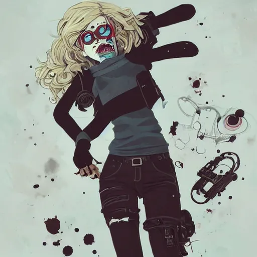 Image similar to Highly detailed portrait of a punk zombie young lady with freckles and shades and blonde wavy hair by Atey Ghailan, by Loish, by Bryan Lee O'Malley, by Cliff Chiang, by Goro Fujita, by Greg Tocchini, inspired by ((image comics)), inspired by nier:automata, inspired by graphic novel cover art !!!cyan, brown, black, yellow and white color scheme ((grafitti tag brick wall background))