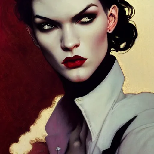 Image similar to stunning portrait of androgynous ruby rose as desire from sandman in a white tuxedo!!!, rockabilly style,, by alphonse mucha, by jeremy mann, by peter lindbergh, dave mckean, by frank moth, white suit and black tie, soft lightning, high detailed, 8 k