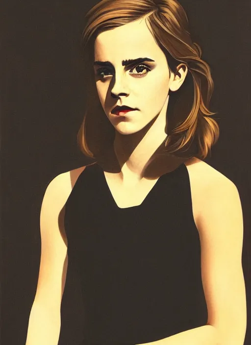 Prompt: a portrait of emma watson, standing in an empty dark street, highly detailed, dramatic lighting, intense shadows, rich deep colours, by jack vettriano