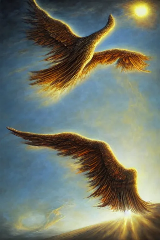 Image similar to icarus burning, his wings on fire as he flies too close to the sun. art by tomasz alen kopera.