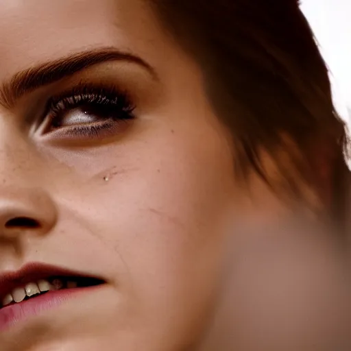 Prompt: Emma Watson, crying with a tear running down her cheek, headshot, close-up, studio lighting, photograph, canon, f/22