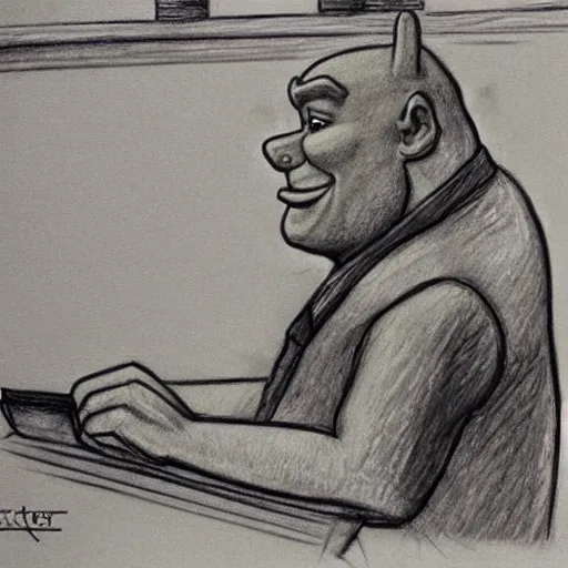 Image similar to shrek on trial in courtroom, courtroom sketch, pencil sketch, judge, courtroom