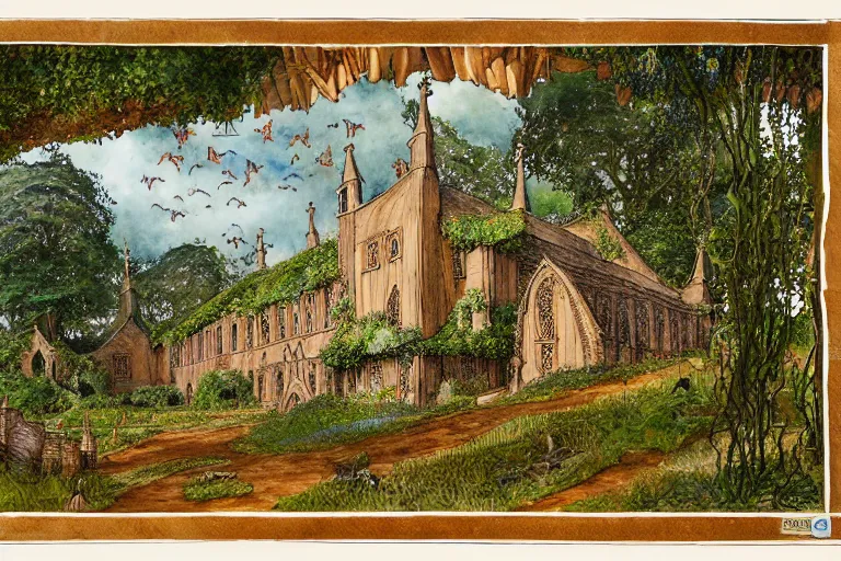 Image similar to an elaborate and dense painting of the peaceful redwall abbey in mossflower wood, detailed, made of alcohol ink on parchment and penned illustrations, by brian jacques and jean baptiste monge