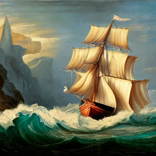 Image similar to stark oil painting, sailing ship at the edge of the world waterfall, man vs. nature, deep blue water, whitecap waves, point of no return, desperation, vivid, highly detailed, renaissance, 4k scan