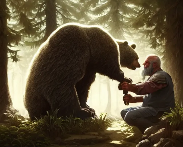 Image similar to old man, in the woods, arm wrestling, a bear, deep focus, d & d, fantasy, intricate, elegant, highly detailed, digital painting, artstation, concept art, matte, sharp focus, illustration, hearthstone, art by artgerm and greg rutkowski and alphonse mucha