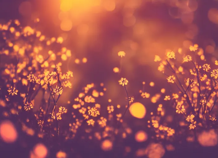 Image similar to a magical forest with delicate flowers that glow in the dusk, macro close up, bokeh,