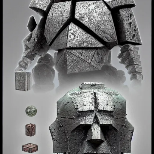 Image similar to Golem made from iron and a head shaped like a 4 sided dice. Dark Fantasy, mork borg ,concept art