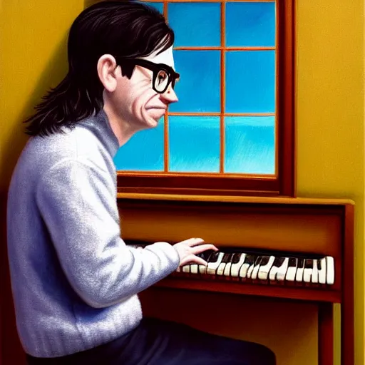 Prompt: An Oil Painting of Rivers Cuomo in a sweater with long hair and a mustache playing his piano in an apartment as he looks out the window next to him to see a nuke drops onto the city outside his window next to him, hyperrealistic, extremely realistic, highly realistic, HD Quality, 4k resolution, 8k resolution, Detailed, Very Detailed, Highly Detailed, Extremely Detailed, Intricate Details, Real, Very Real, Oil Painting, Digital Painting, Painting, Trending on Deviantart, Trending on Artstation