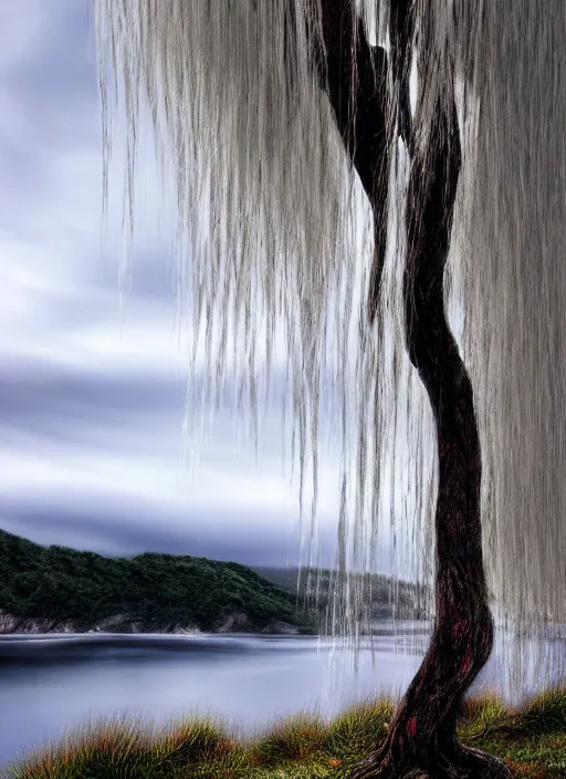 Image similar to nature photograph of a weeping willow with black bark and silver leaves sitting on a cliff in the distance in the style of stefan kostic, realistic, half body shot, sharp focus, 8 k high definition, insanely detailed, intricate, elegant, art by stanley lau and artgerm, luis royo, cloudy background