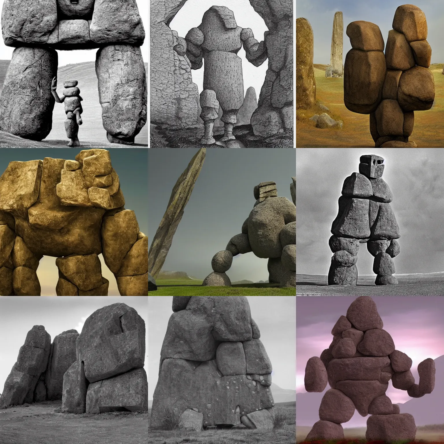 Prompt: a rock golem giant whose thin body looks like reconfigured standing stone and stone arch elements from stonehenge