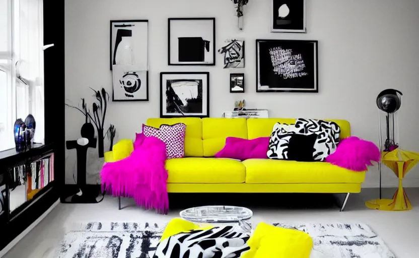 Image similar to New Wave living room interior, 1980s design, couch, retro futuristic, magenta, yellow, cyan, black and white patterns, modernist, bright, large windows