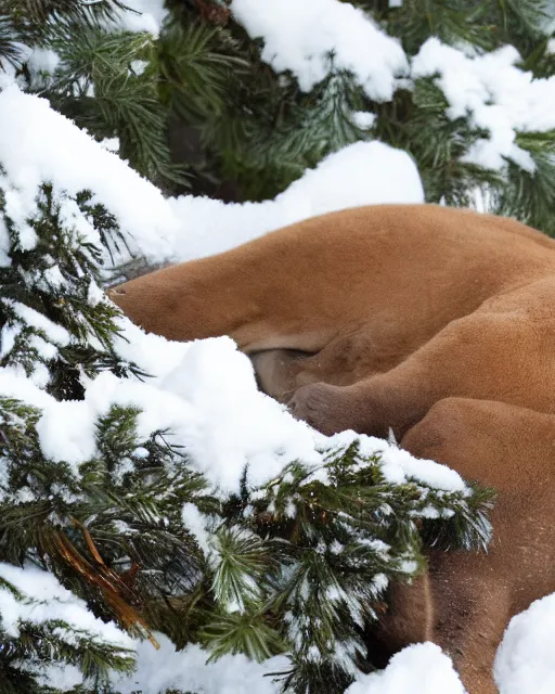 Image similar to postcard showing 'a cougar sleeping in the middle of snowy pine tree' laying on coffee table, zoomed out, HD, iphone screenshot