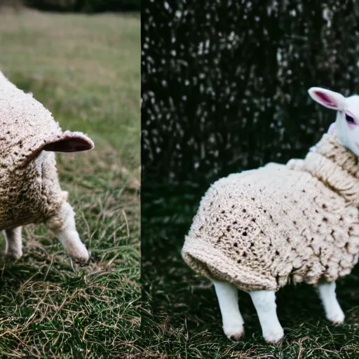 Prompt: lamb wearing a sweater, upper body shot, hyper detailed, canon eos r 3, f / 1. 4, iso 2 0 0, 1 / 1 6 0 s, 8 k, raw, unedited, symmetrical balance, in - frame