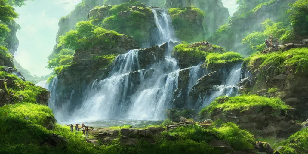 Prompt: an epic fantasy comic book style painting of a waterfall in the appalachian mountains, panoramic, wide - angle, studio ghibli, unreal 5, hyperrealistic, octane render, dynamic lighting, intricate detail, summer vibrancy, cinematic