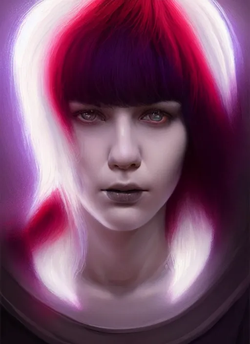 Image similar to hair whitebangs hair, black hair, whitebangs, portrait of trump with white bangs, red irises, purple clothes, white bangs, bangs are different color from hair, intricate, elegant, glowing lights, highly detailed, digital painting, artstation, concept art, smooth, sharp focus, illustration, art by wlop, mars ravelo and greg rutkowski