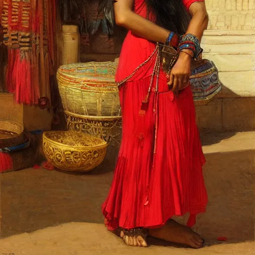 Prompt: orientalist portrait of am Indian woman with bangs wearing a red dress selling tapestries in a busy marketplace intricate artwork by Fabio Fabbi and john william waterhouse and Edwin Longsden Long and Nasreddine Dinet and Theodore Ralli trending on artstation, very coherent symmetrical artwork high detail 8k