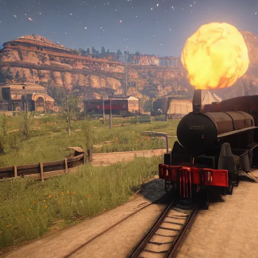 Image similar to futuristic sleek steam locomotive in red dead redemption 2