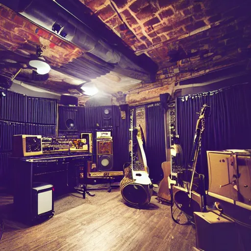 Image similar to a steampunk record studio, cinematic light,