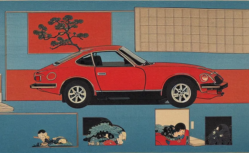 Image similar to ukiyo - e painting of a 1 9 7 5 datsun 2 4 0 z