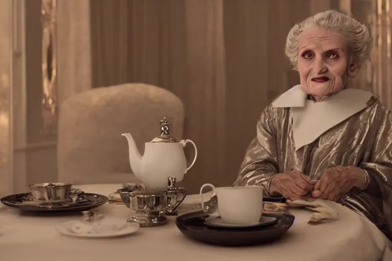 Image similar to VFX movie portrait of old woman served tea by a futuristic butler robot in a decadent living room by Emmanuel Lubezki