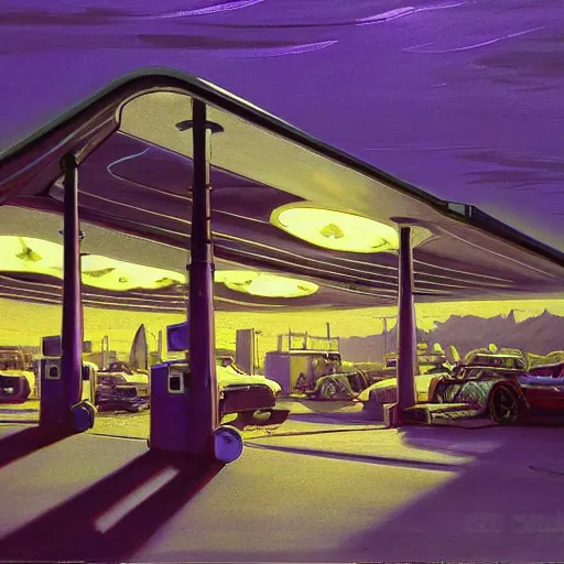 Prompt: painting of syd mead scifi organic shaped gas station with ornate metal work lands on a farm, fossil ornaments, volumetric lights, purple sun, andreas achenbach