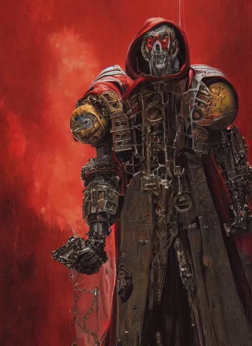 Image similar to portrait of rotten Nicolas Cage as adeptus mechanicus in red hood and robe from Warhammer 40000. Highly detailed, artstation, illustration by and John Blanche and zdislav beksinski and wayne barlowe