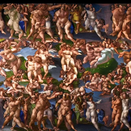 Image similar to The Sistine chapel by Michelangelo but it’s shrek