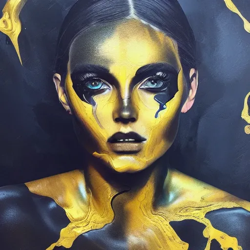 Image similar to liquid marble acrylic fluid paint, portrait, golden and black liquid materials, abstract art, beautiful female model standing, face with 3 eyes, semi realism, surreal