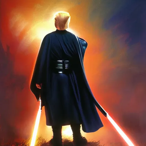 Prompt: Donald Trump as a jedi hero, capitol hill, post-apocalyptic, cinematic, atmospheric, highly detailed, Emanuel Leutze, Carl Wahlbom