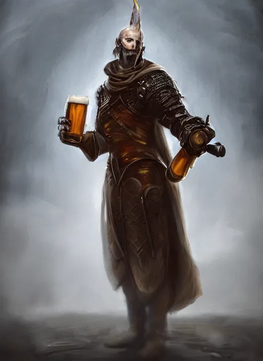Prompt: magician with staff in left hand drinks beer, beer, glass, beer mug in hand, intricate, triumphantly, foggy background, full body art, dark souls, drawing, concept art, artstation, digital painting