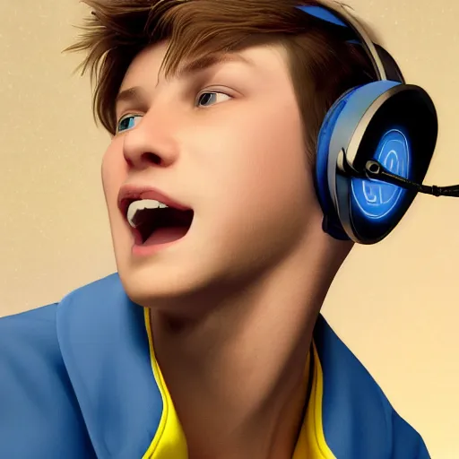 Image similar to a handsome young man with sandy brown hair and blue eyes singing into a neon blue microphone headset posing on stage. dynamic pose. line of action. concert. cinematic lighting. medium shot photorealistic. hyper realism. ray tracing hdr. intricate detailed masterpiece. by bouguereau and shigenori soejima. lifelike.