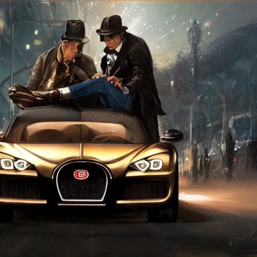 Image similar to inspector gadget riding a bugatti in the night, ultra realistic, concept art, intricate details, highly detailed, by greg rutkowski, wlop, simon bisley