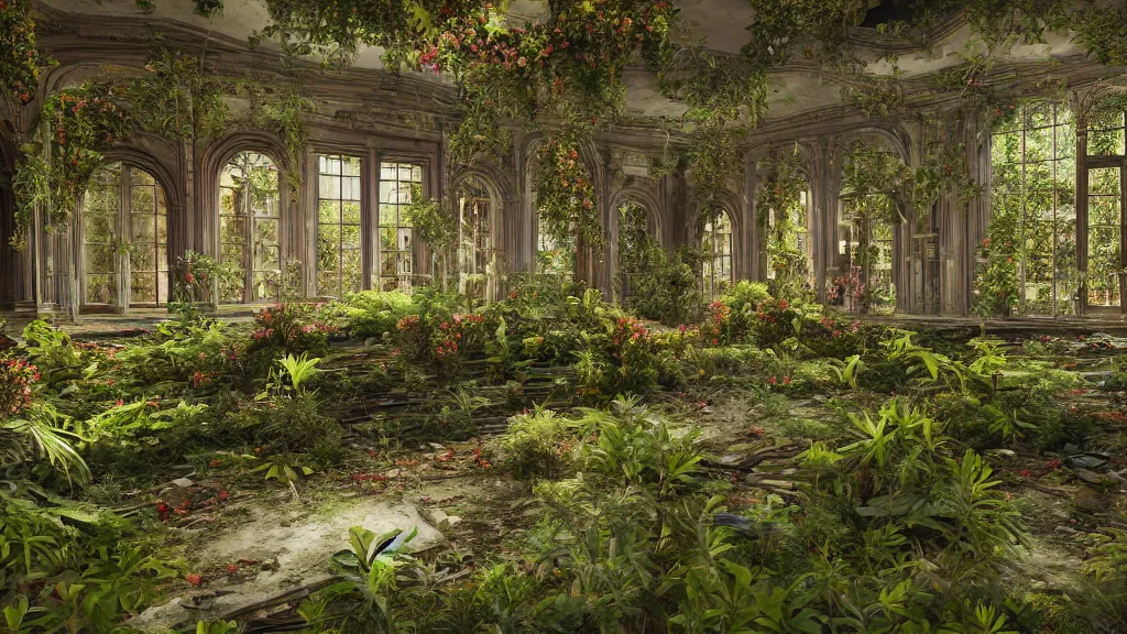 Prompt: exploring an abandoned overgrown grand library, becoming overgrown with plants with small colourful flowers, hyperrealistic, ambient lighting highly detailed, 4 k hd