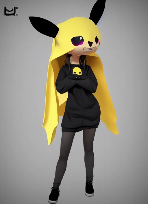 Image similar to vrchat, secondlife, imvu, 3 d model of a girl in a pikachu hoodie, hq render, detailed textures, artstationhd, booth. pm, highly detailed attributes and atmosphere, dim volumetric cinematic lighting, hd, unity unreal engine