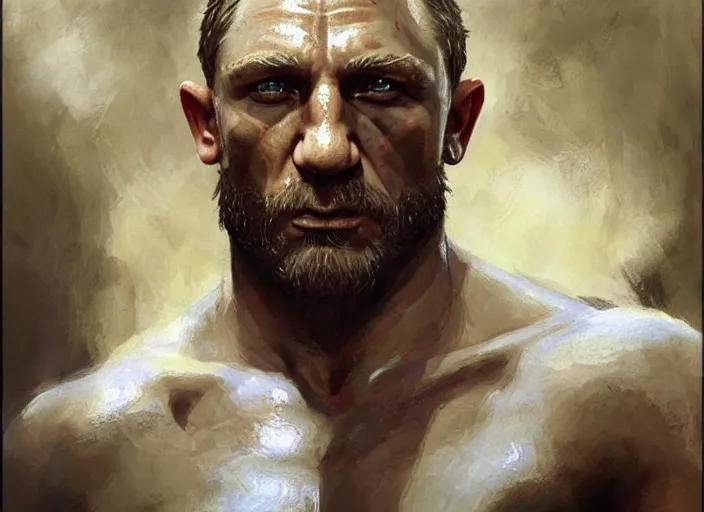 Image similar to a highly detailed beautiful portrait of daniel craig kratos hybrid god of war, by gregory manchess, james gurney, james jean, octane, fantasy