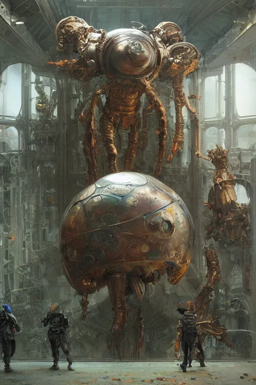 Image similar to scientists in a laboratory observe a huge martian wearing armour, painted by ruan jia, raymond swanland, lawrence alma tadema, zdzislaw beksinski, norman rockwell, jack kirby, tom lovell, alex malveda, greg staples