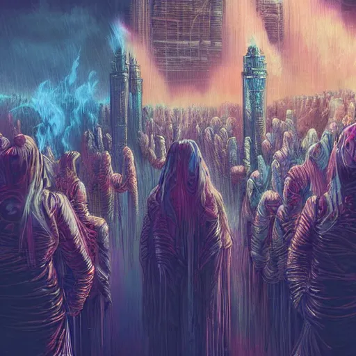 Image similar to seven angels come forth and receive seven bowls full of the wrath of god, smoke fills the temple so that no one can enter till the plagues of the seven angels have been complete, cyberpunk art by android jones, by beeple, darksynth, synthwave, quantum tracerwave