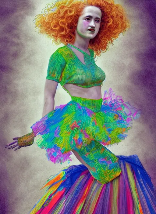 Prompt: surrealism psychedelic full body portrait sketch of julia garner as delirium of the endless in fishnet top and rainbow tutu skirt from the sandman, floating goldfish, green and blue eye heterochromia by alex ross, josh kirby, detailed, elegant, intricate