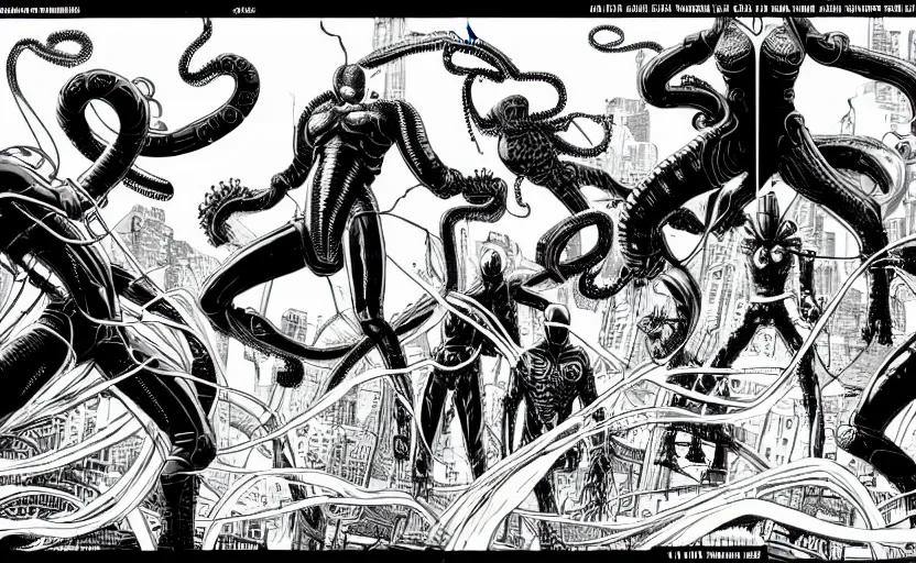 Image similar to black and white avengers with tentacles fights with marvel monsters with wires, isometric, by tsutomu nihei, background cybernetic planets