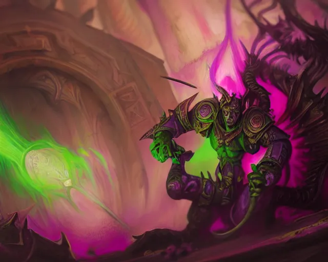 Image similar to wide shot of a chosen of slaanesh, pink and purple colours, bottom up green lighting, mutated, laughing, screaming, deep focus, d & d, fantasy, intricate, grim, highly detailed, digital painting, artstation, concept art, matte, sharp focus, illustration, hearthstone, art by artgerm and greg rutkowski and alphonse mucha