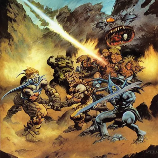 Prompt: chrono trigger battle with lavos by frank frazetta