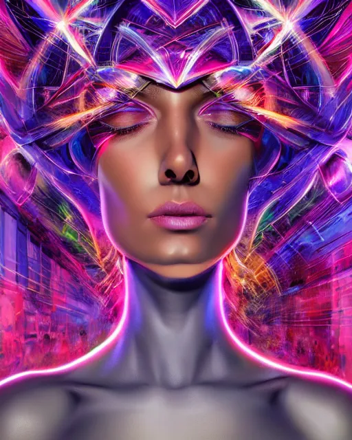 Image similar to a powerful energy psychedelic matrix woman, by alexander fedosav, hyper detailed digital matte painting, concept art, hyperrealism, 1 6 k resolution, cinema 4 d, 8 k resolution, trending on artstation, behance hd, a masterpiece, by stephan martiniere, particles, cel - shaded, power bright neon energy, by david a. hardy,