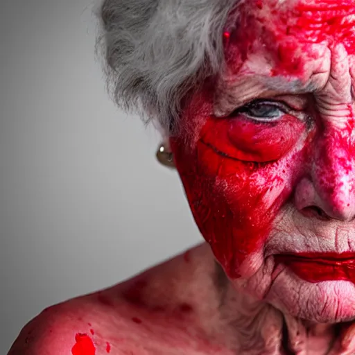 Prompt: elderly woman with black eyes covered in red paint, photorealistic, award winning, 8k,