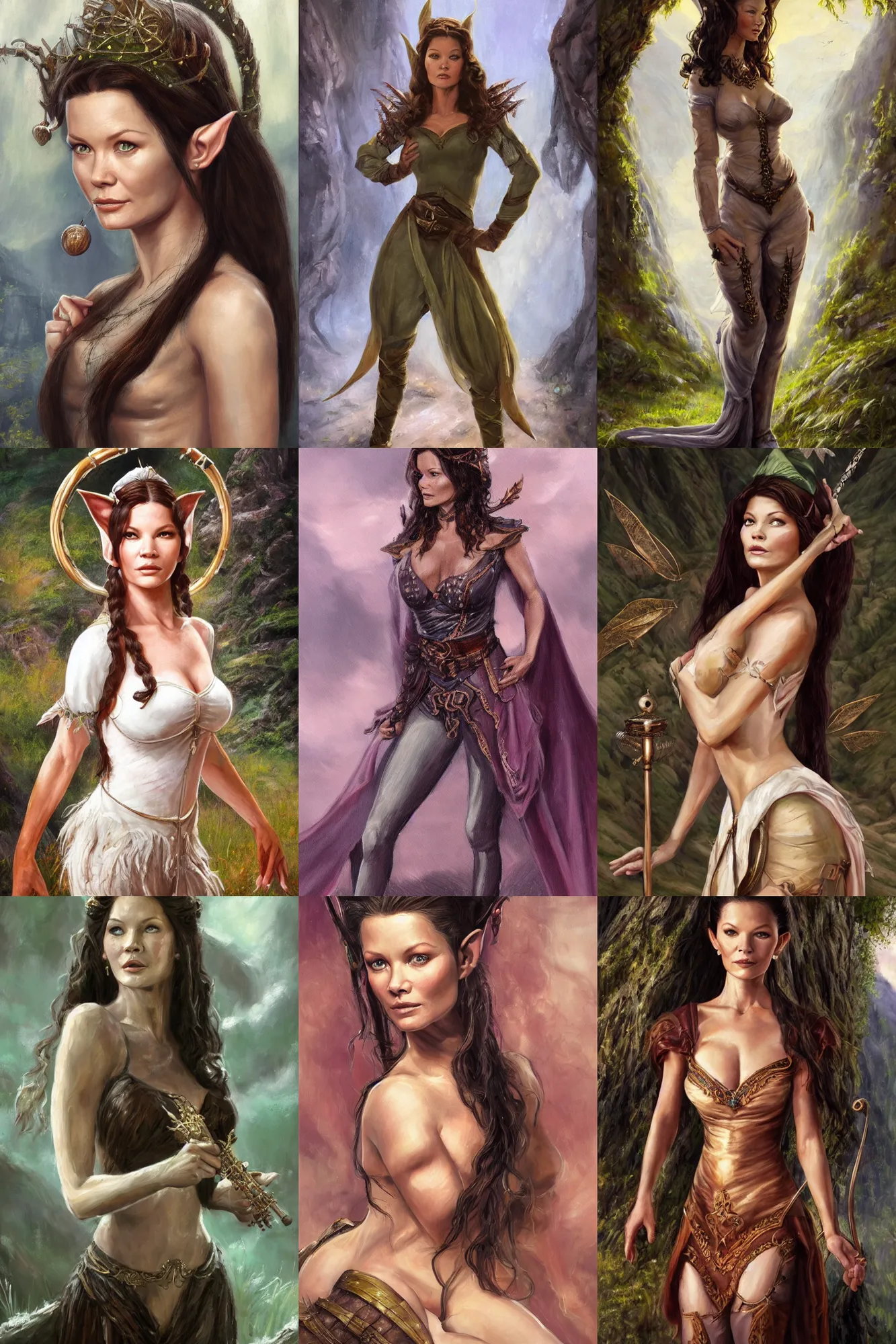 Image similar to a full body high detail fantasy portrait oil painting illustration of young catherine zeta - jones as a beautiful sophisticated singing bard elf by justin sweet with face and body clearly visible, in a scenic background, pupils visible, realistic proportions, d & d, rpg, forgotten realms, artstation trending, high quality, sombre mood, artstation trending, muted colours, entire person visible!