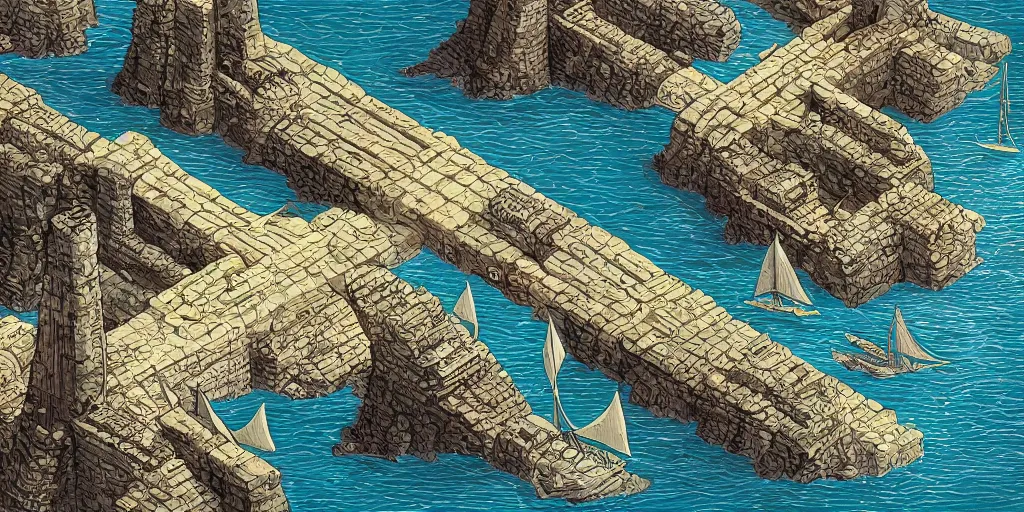 Prompt: illustration, concept illustration, a single giant ancient linear stone city on a single bridge, giant bridge city build over the ocean in a straight line, huge support buttresses, hight in the air, small ships with sails go underneath, fades to the horizon